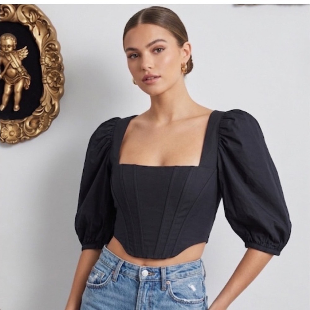 STAUD Black Corset-Style Puff Sleeve Crop Top‎ Size 2